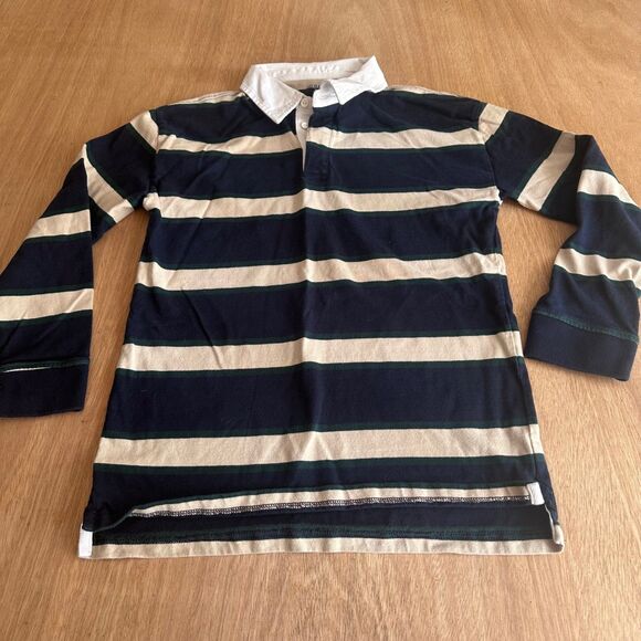 Old Navy Boys XL 14-16 Rugby Polo Shirt Navy Cream Green Striped LS Cotton - Picture 1 of 4